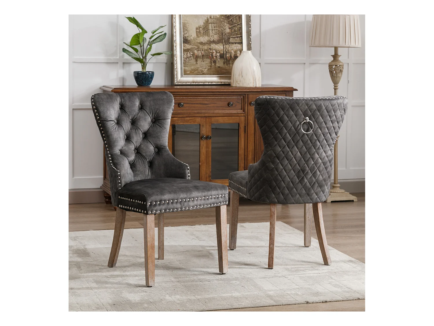 Ensemble de 2 chaises de salle à manger, chaise rembourrée avec garniture cloutée, pieds en bois massif, revêtement en velours, gris, avec motif heurtoir de porte