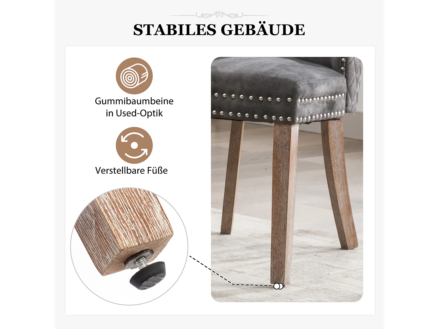 Ensemble de 2 chaises de salle à manger, chaise rembourrée avec garniture cloutée, pieds en bois massif, revêtement en velours, gris, avec motif heurtoir de porte