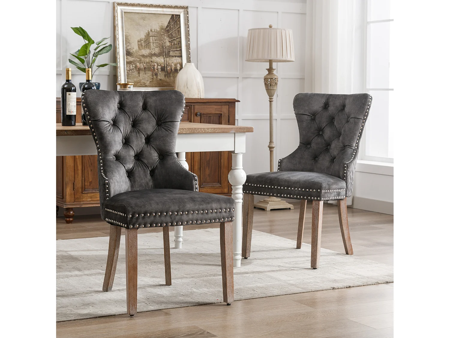 Ensemble de 2 chaises de salle à manger, chaise rembourrée avec garniture cloutée, pieds en bois massif, revêtement en velours, gris, avec motif heurtoir de porte