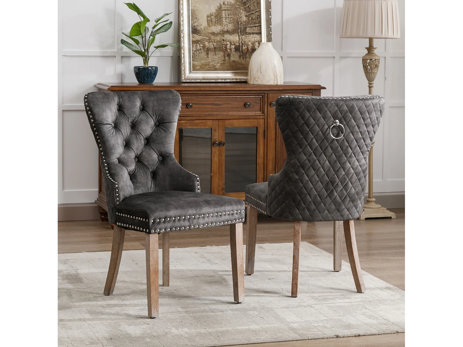 Ensemble de 2 chaises de salle à manger, chaise rembourrée avec garniture cloutée, pieds en bois massif, revêtement en velours, gris, avec motif heurtoir de porte