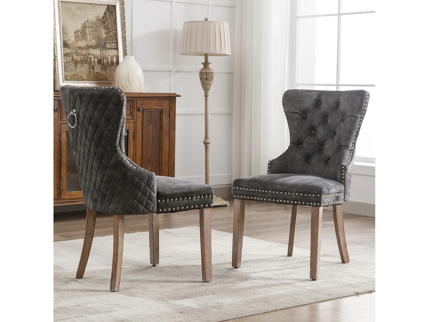 Ensemble de 2 chaises de salle à manger, chaise rembourrée avec garniture cloutée, pieds en bois massif, revêtement en velours, gris, avec motif heurtoir de porte