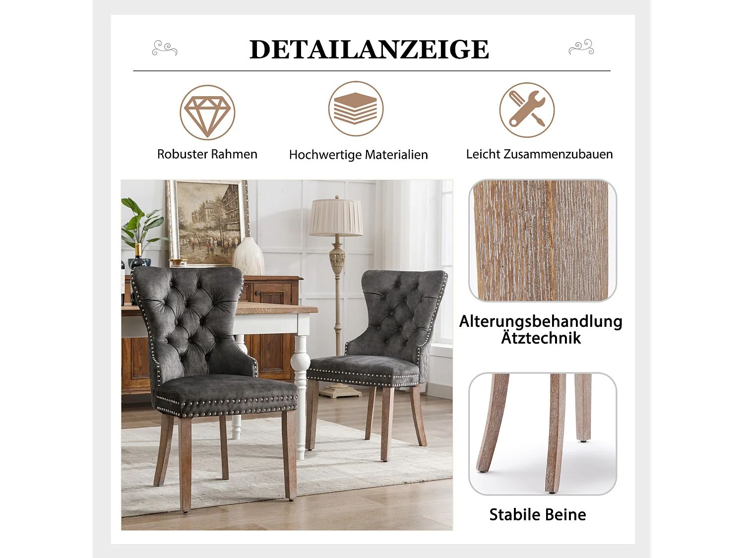 Ensemble de 2 chaises de salle à manger, chaise rembourrée avec garniture cloutée, pieds en bois massif, revêtement en velours, gris, avec motif heurtoir de porte