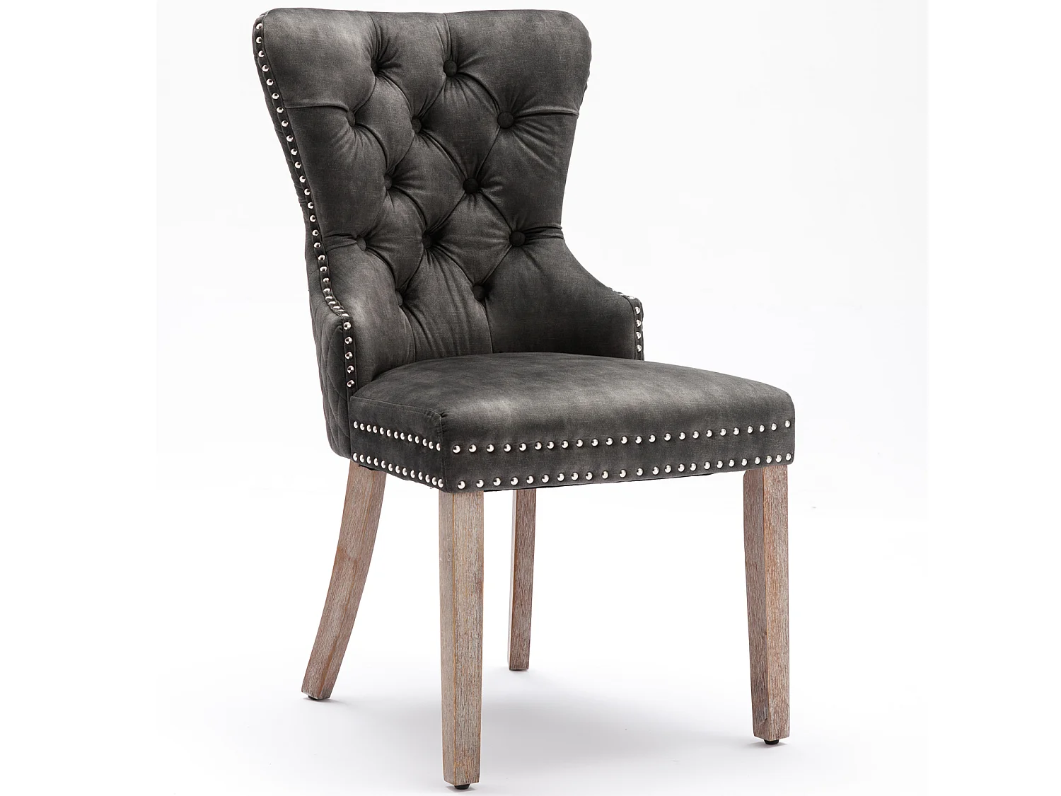 Ensemble de 2 chaises de salle à manger, chaise rembourrée avec garniture cloutée, pieds en bois massif, revêtement en velours, gris, avec motif heurtoir de porte