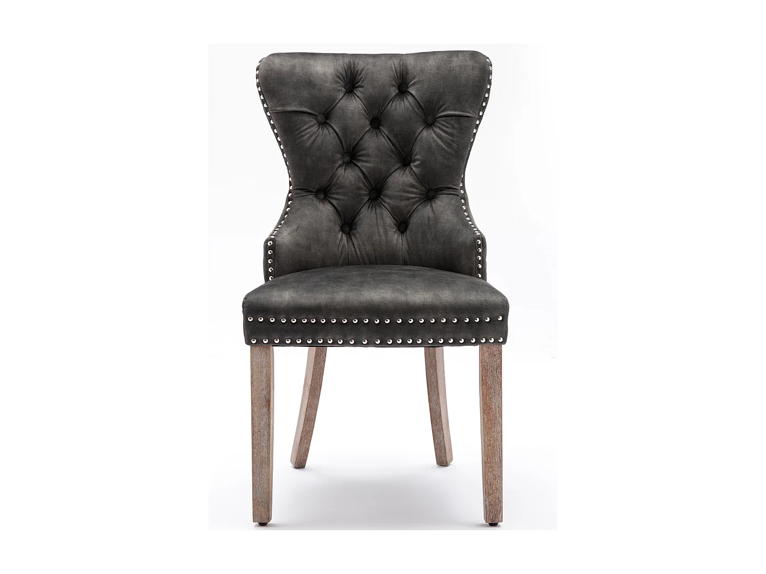 Ensemble de 2 chaises de salle à manger, chaise rembourrée avec garniture cloutée, pieds en bois massif, revêtement en velours, gris, avec motif heurtoir de porte