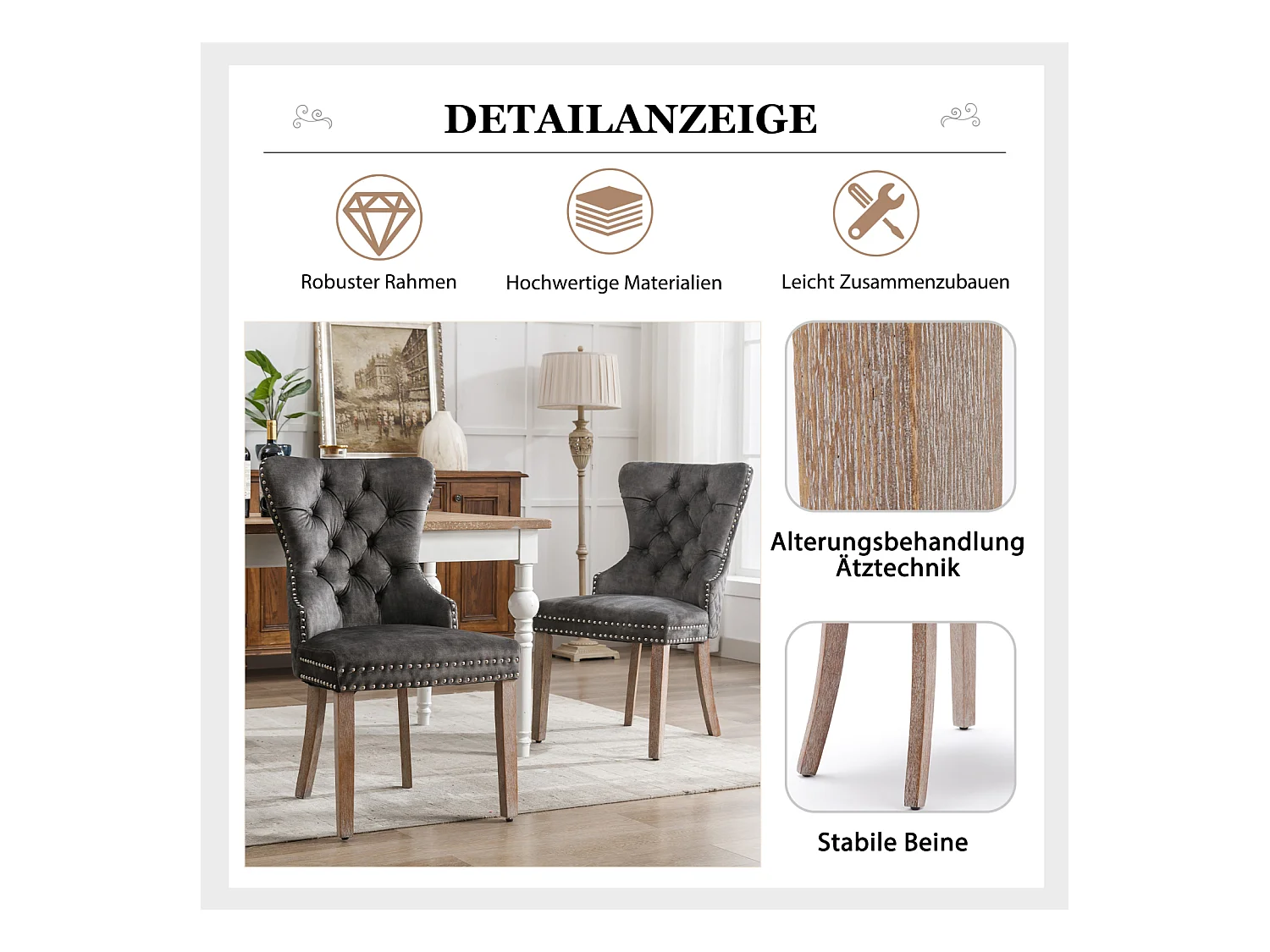 Esszimmerstuhl 4er-Set, Polsterstuhl mit Nagelkopfbesatz, Massivholz-Beinen, Samtbezug, grau, mit Türklopfer-Design