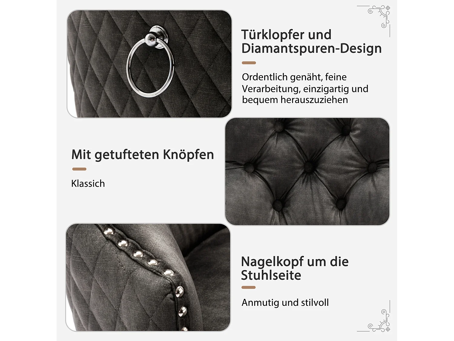 Esszimmerstuhl 4er-Set, Polsterstuhl mit Nagelkopfbesatz, Massivholz-Beinen, Samtbezug, grau, mit Türklopfer-Design