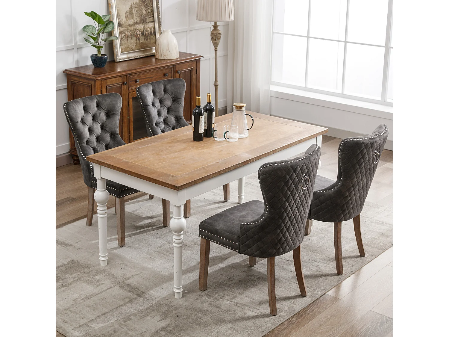 Ensemble de 4 chaises de salle à manger, chaise rembourrée avec garniture cloutée, pieds en bois massif, revêtement en velours, gris, avec motif heurtoir de porte