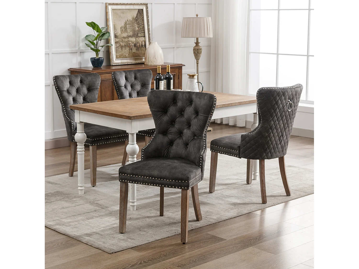 Ensemble de 4 chaises de salle à manger, chaise rembourrée avec garniture cloutée, pieds en bois massif, revêtement en velours, gris, avec motif heurtoir de porte