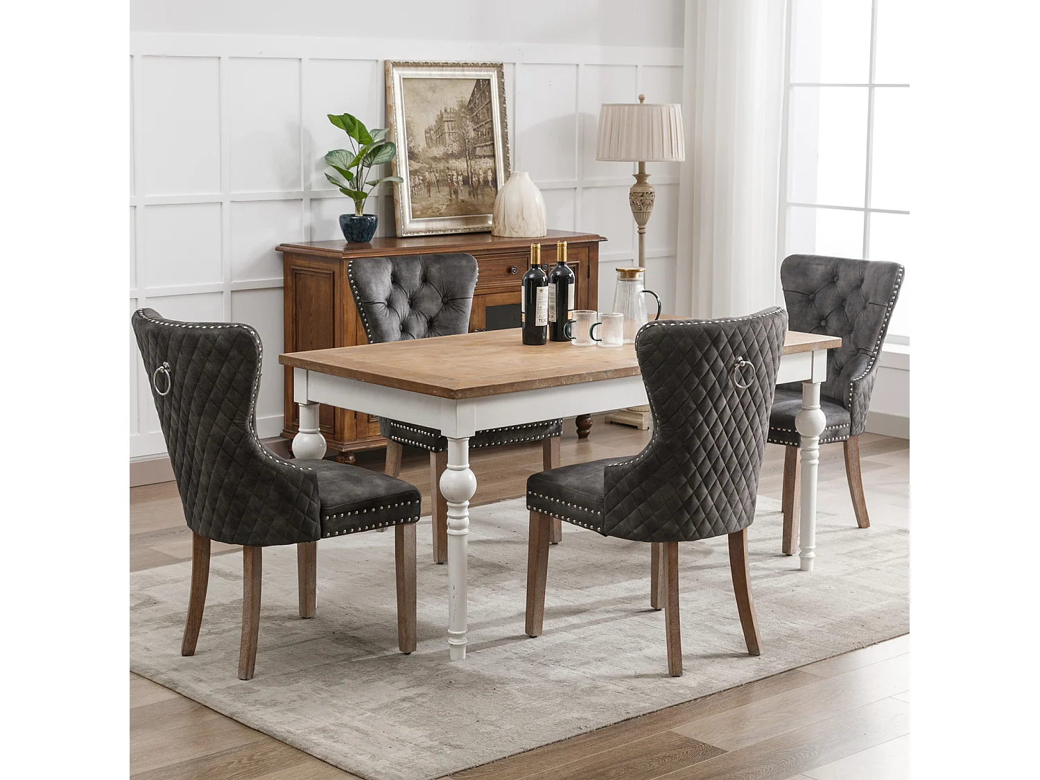 Ensemble de 4 chaises de salle à manger, chaise rembourrée avec garniture cloutée, pieds en bois massif, revêtement en velours, gris, avec motif heurtoir de porte