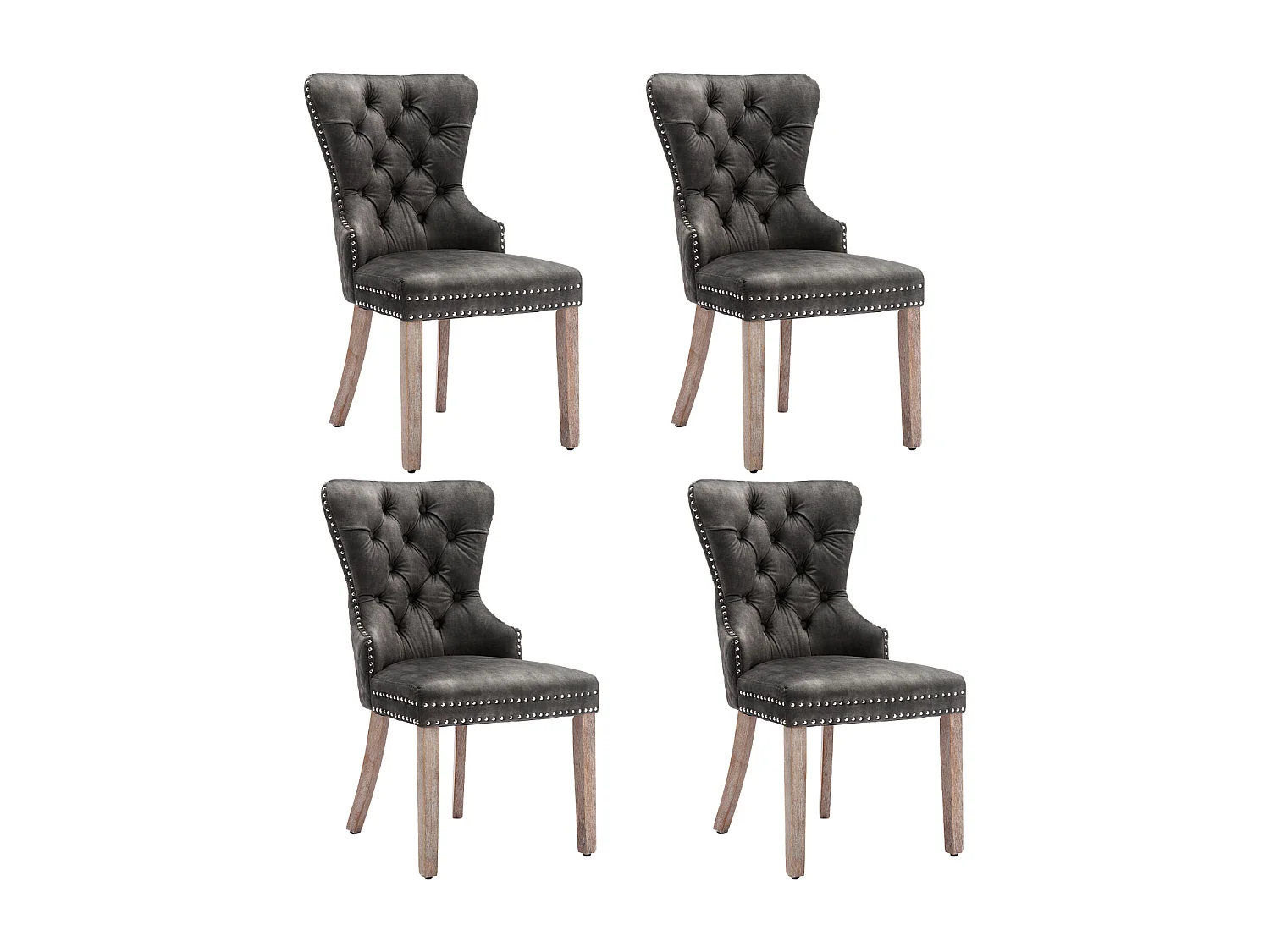 Ensemble de 4 chaises de salle à manger, chaise rembourrée avec garniture cloutée, pieds en bois massif, revêtement en velours, gris, avec motif heurtoir de porte