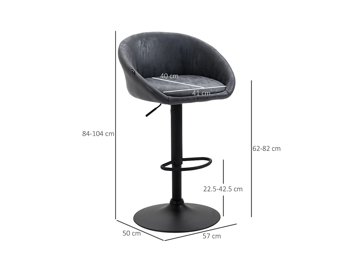 Lot de 2 tabourets de bar, chaises de bar réglables en hauteur avec accoudoirs et dossier, similicuir, gris, avec repose-pieds