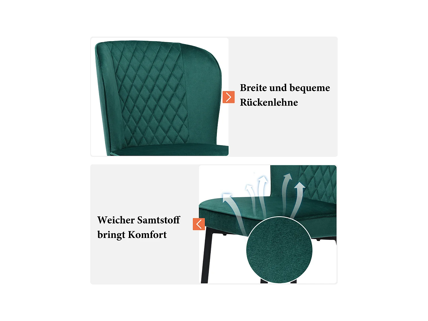 Eetkamerstoelset van 2, donkergroen, gestoffeerd stoelontwerp met rugleuning, fluweel, metalen frame