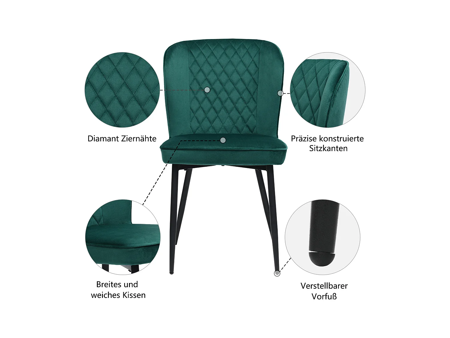 Eetkamerstoelset van 2, donkergroen, gestoffeerd stoelontwerp met rugleuning, fluweel, metalen frame