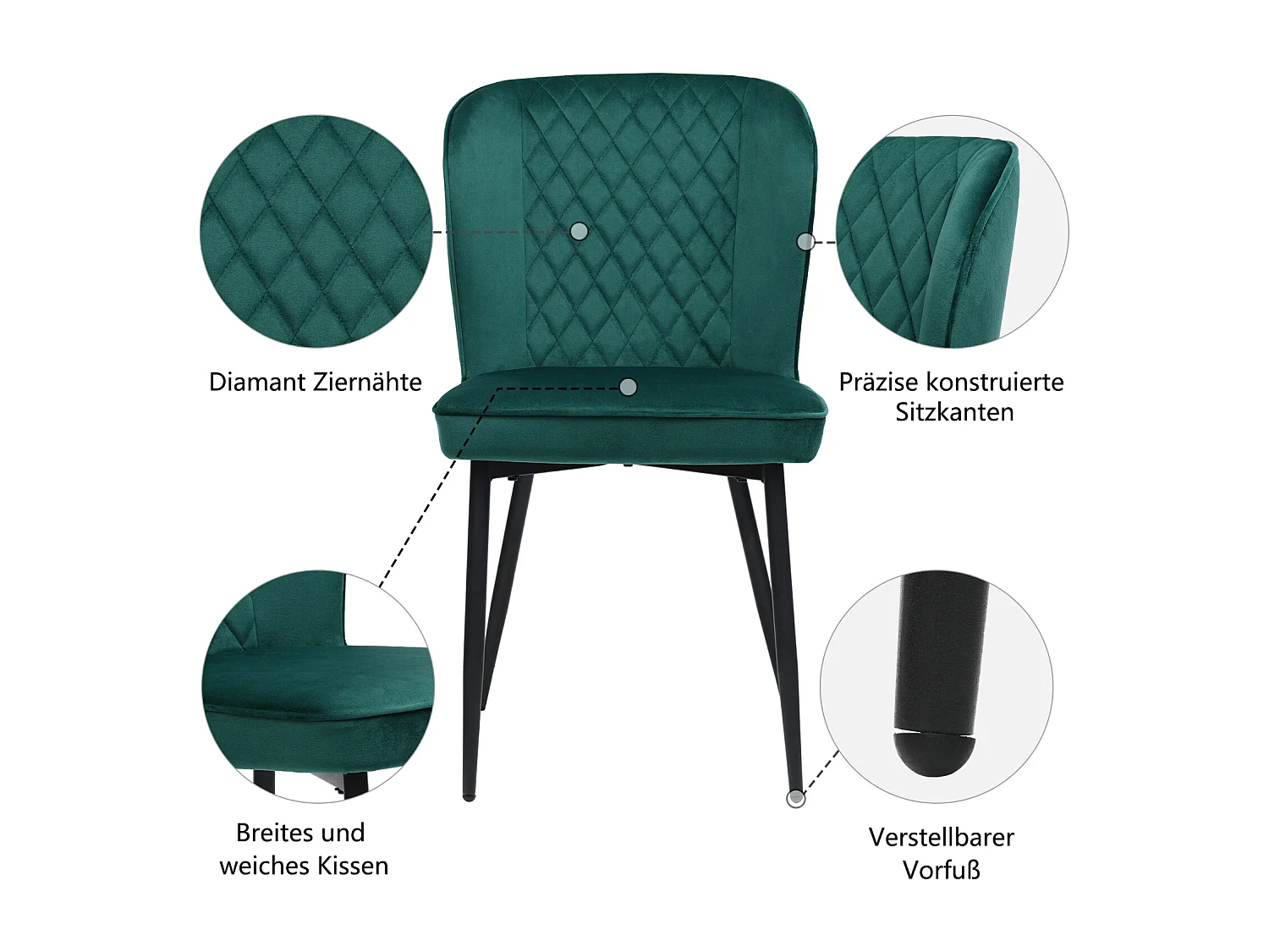 Esszimmerstuhl 2er-Set, Dunkelgrün, Polsterstuhl Design mit Rückenlehne, Samt, Metallgestell