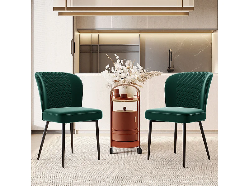 Lot de 2 chaises de salle à manger, vert foncé, design de chaise rembourrée avec dossier, velours, structure en métal