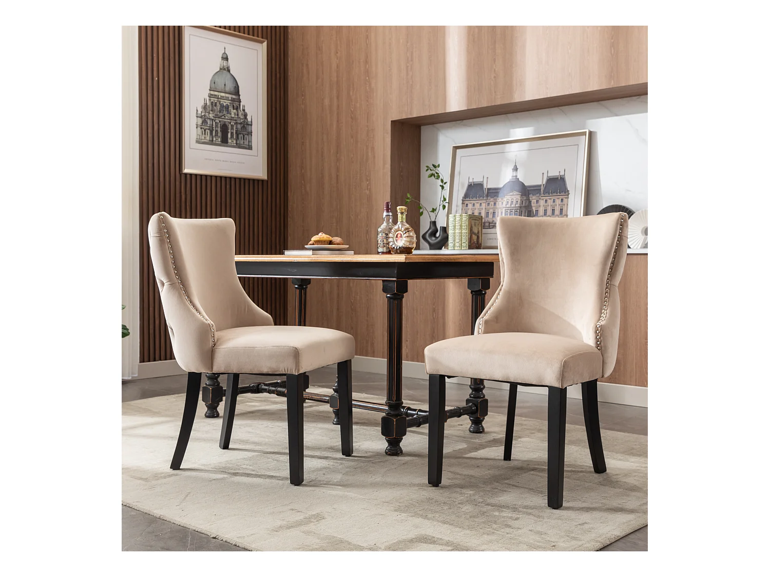 Lot de 2 chaises de salle à manger, velours beige, avec coutures boutonnées, structure en bois massif