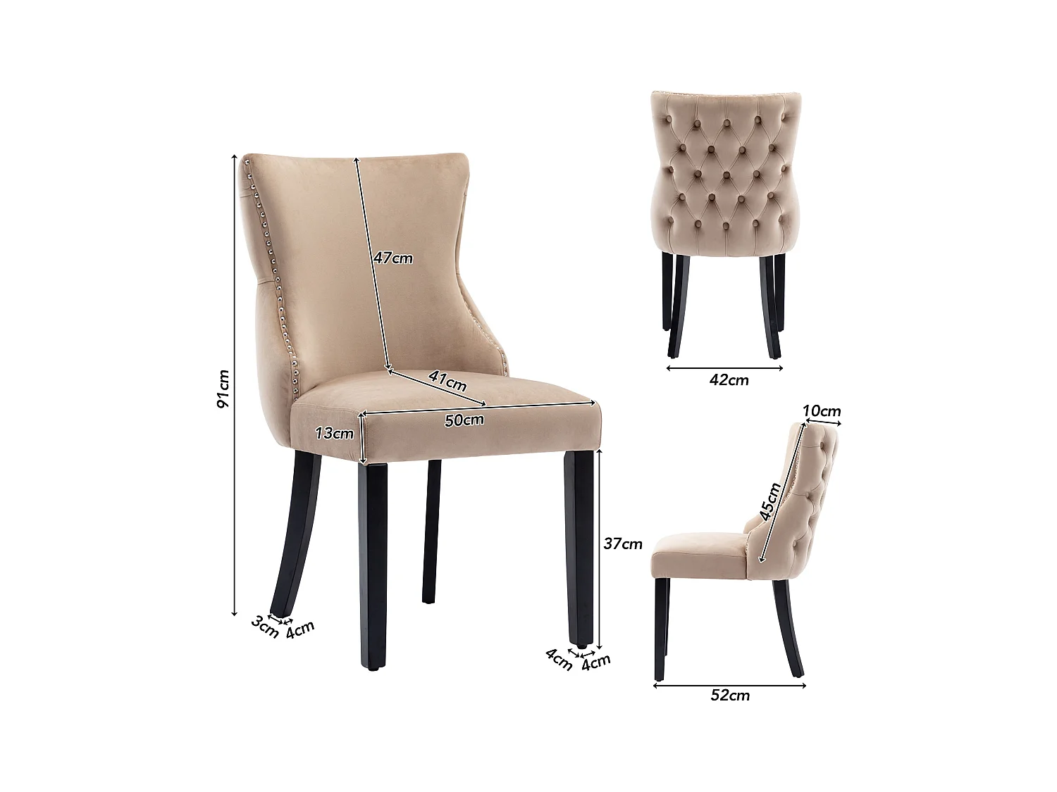 Lot de 2 chaises de salle à manger, velours beige, avec coutures boutonnées, structure en bois massif