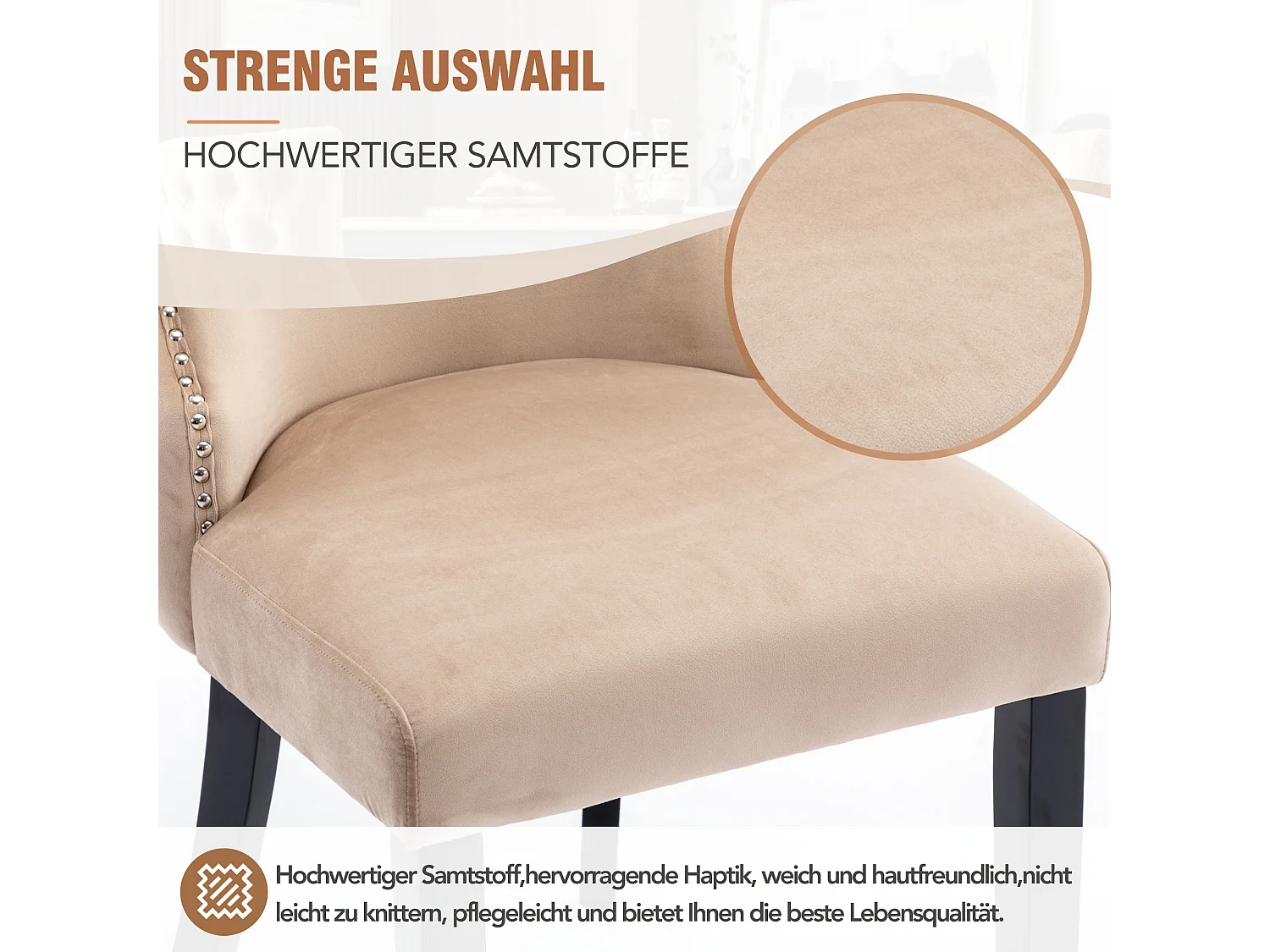 Lot de 2 chaises de salle à manger, velours beige, avec coutures boutonnées, structure en bois massif