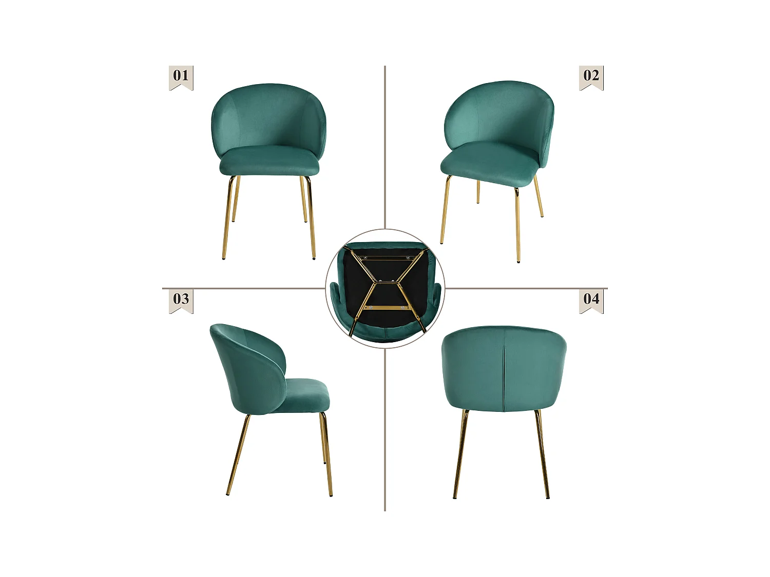 Ensemble de 4 chaises de salle à manger élégantes avec revêtement en velours, accoudoirs, pieds en métal doré, vert