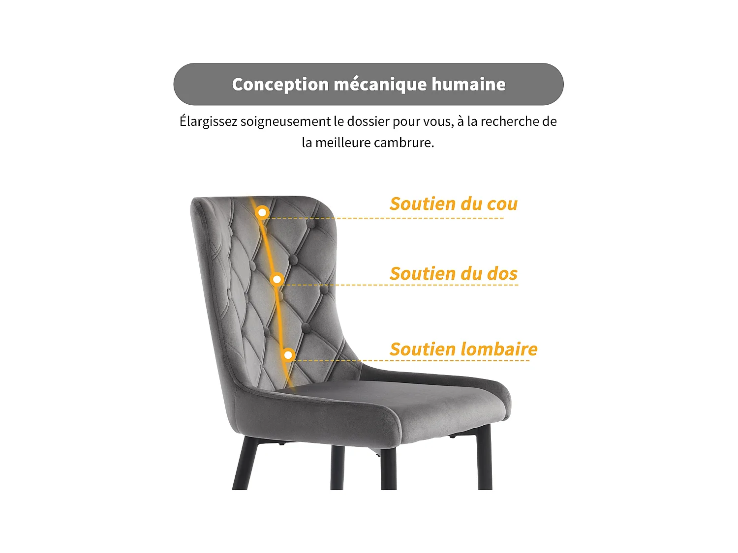 Chaises de salle à manger avec dossier, lot de 2, chaise de cuisine avec revêtement en velours, chaise rembourrée en métal, pieds en fer noir, gris foncé