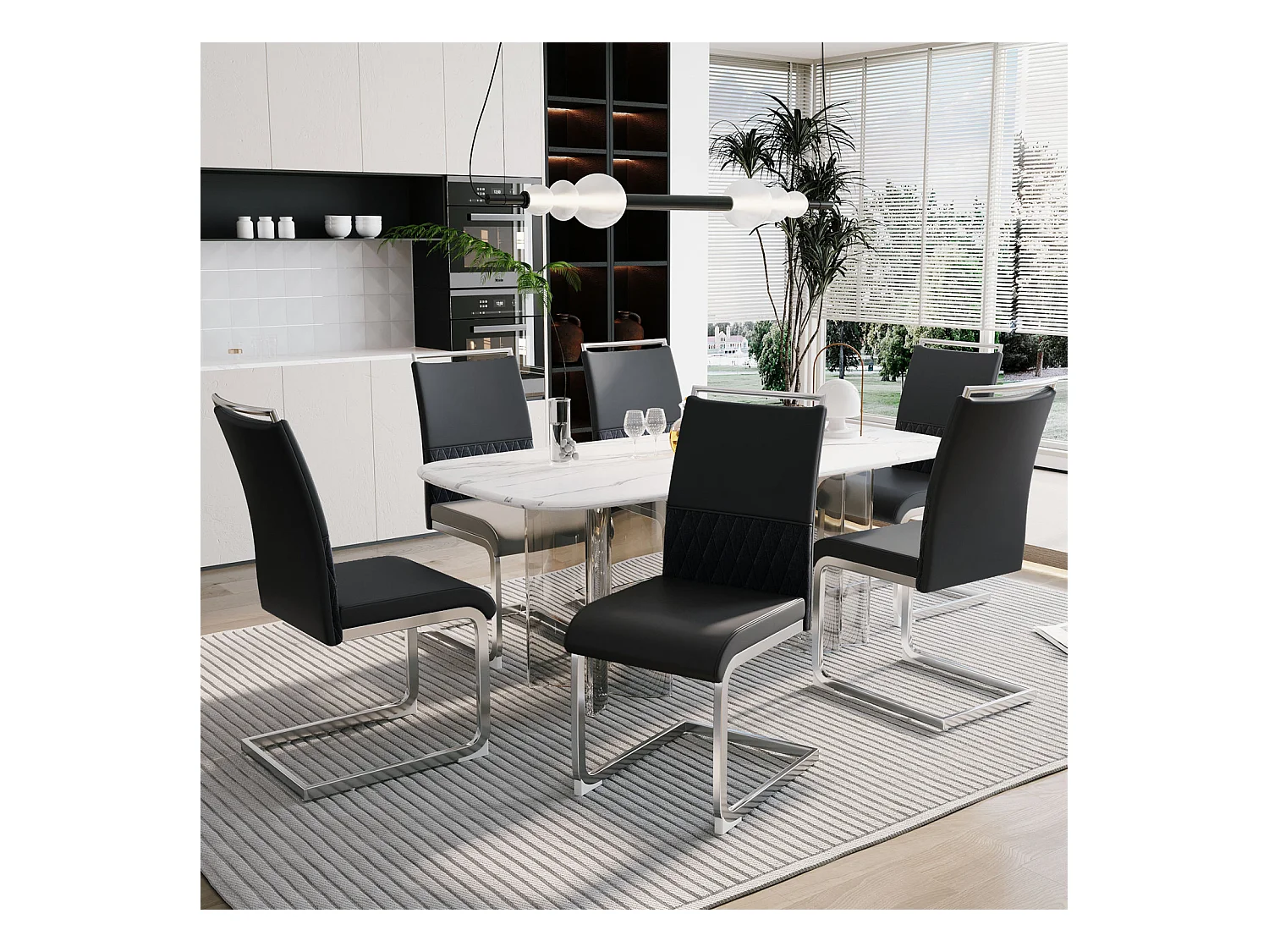 Ensemble de 6 chaises de salle à manger modernes, dossier en cuir PU et lin, dossier haut rembourré, motif à rayures horizontales, noir