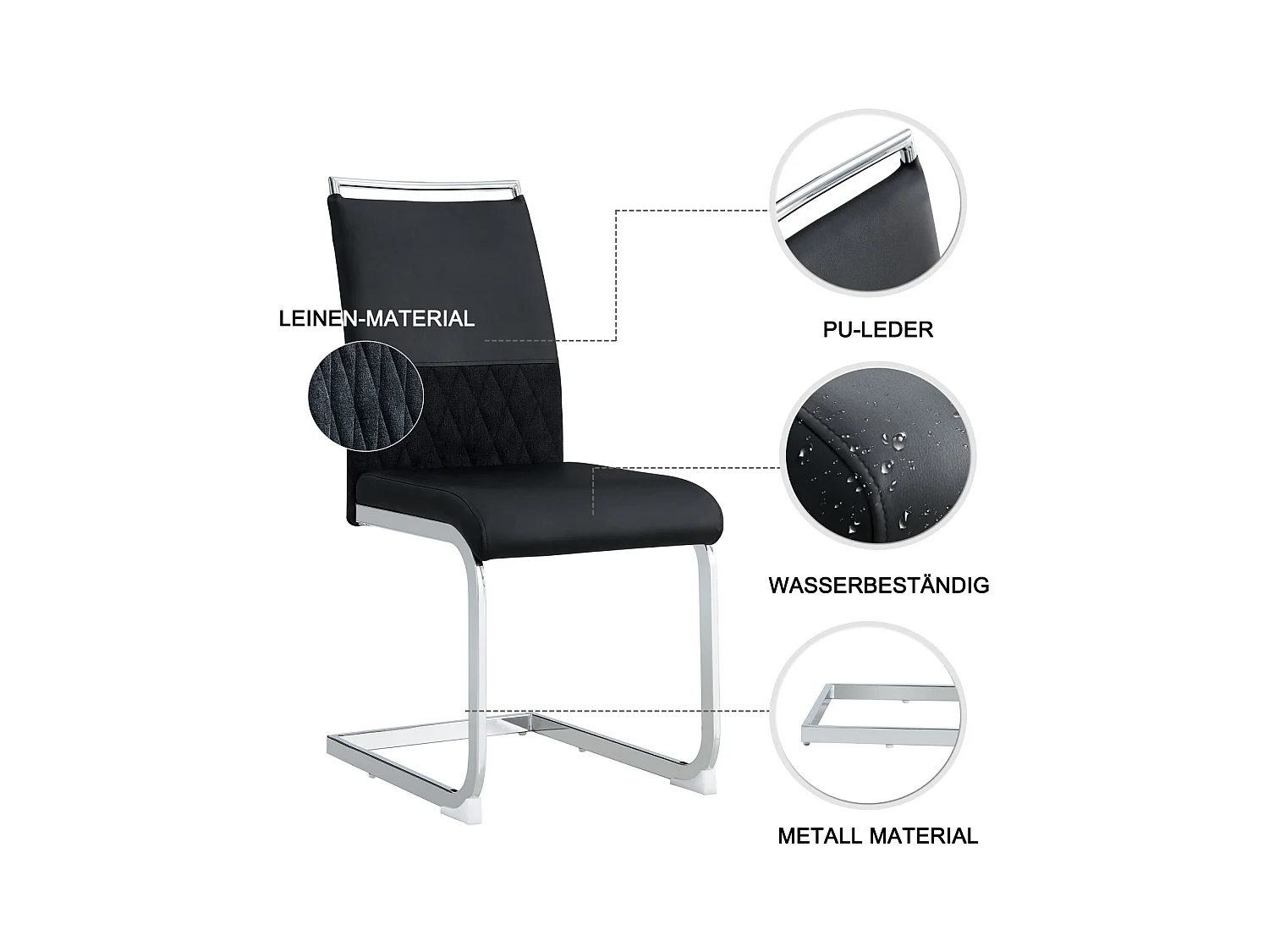 Ensemble de 6 chaises de salle à manger modernes, dossier en cuir PU et lin, dossier haut rembourré, motif à rayures horizontales, noir
