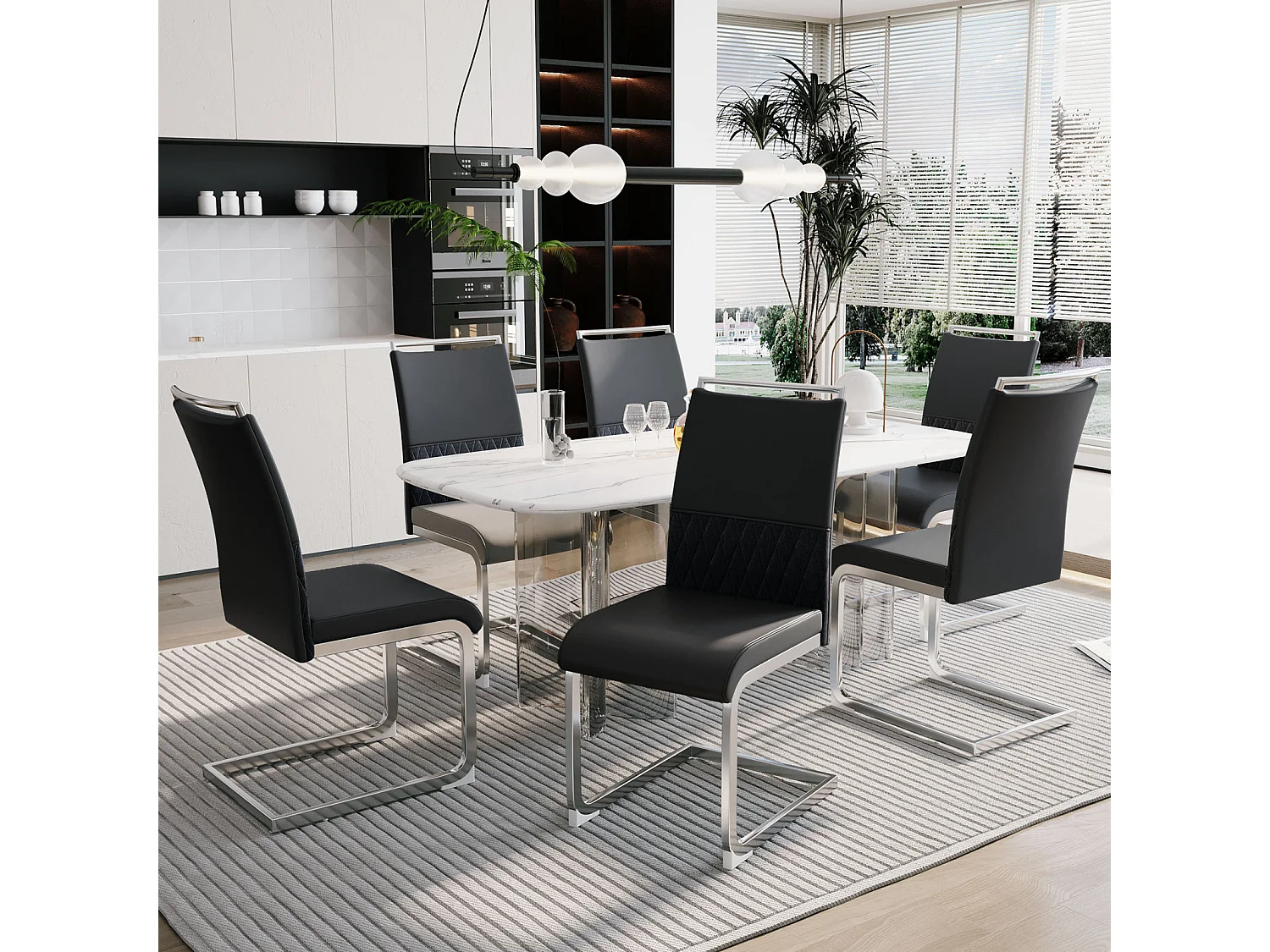 Ensemble de 6 chaises de salle à manger modernes, dossier en cuir PU et lin, dossier haut rembourré, motif à rayures horizontales, noir