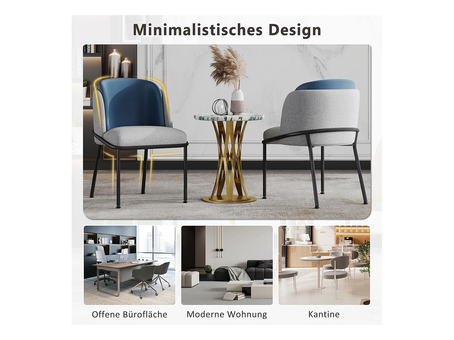 Moderne stoelset van 2, met schuine poot en verstelbare poten, grijs+marineblauw