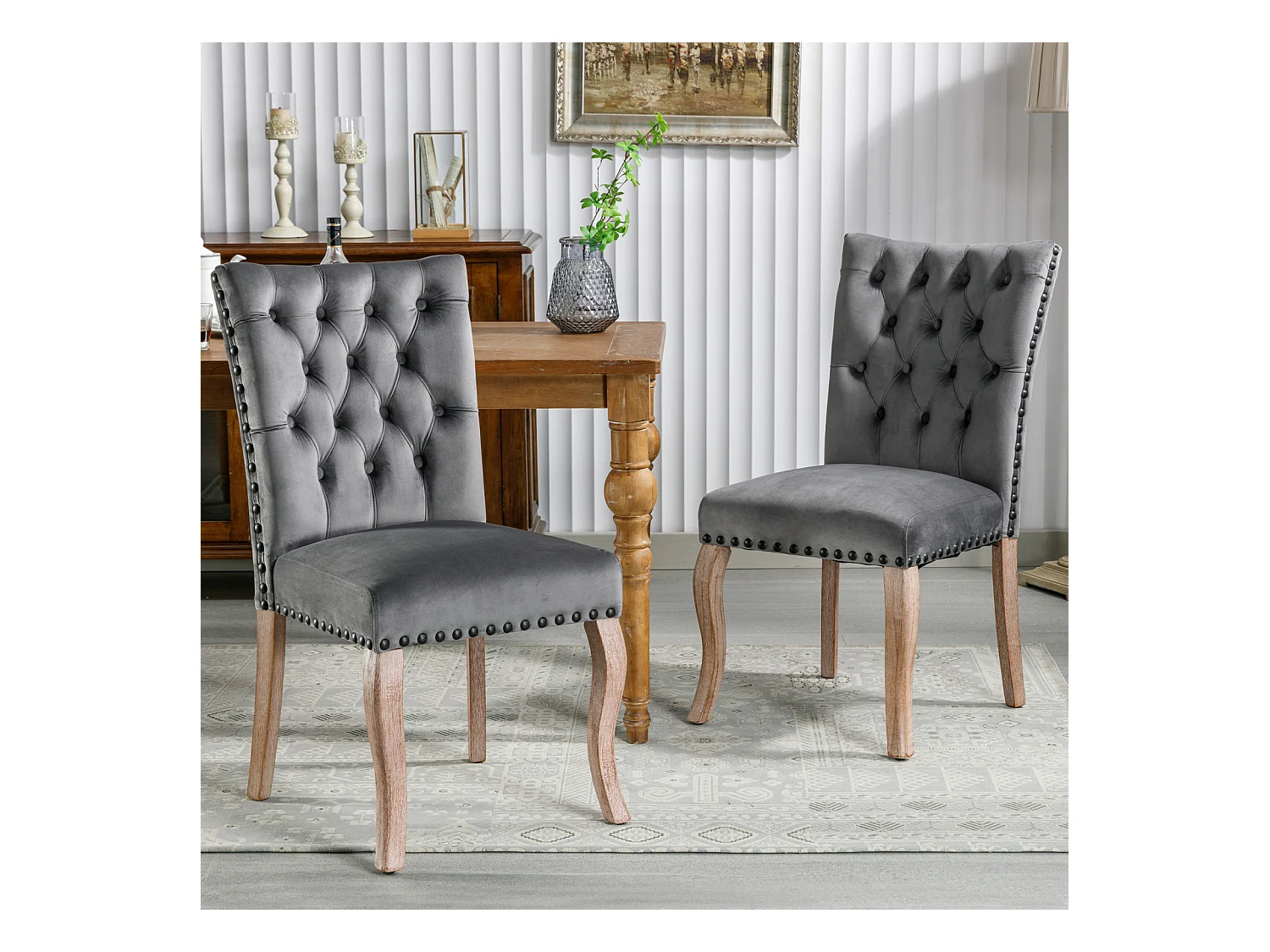 Eetkamerstoelset van 2, gestoffeerde stoel met spijkerkopafwerking, poten van massief hout, fluwelen bekleding, grijs, met deurklopperontwerp