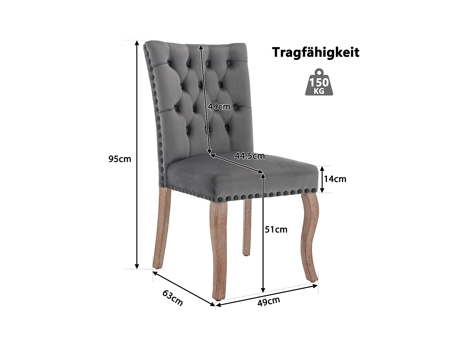 Eetkamerstoelset van 2, gestoffeerde stoel met spijkerkopafwerking, poten van massief hout, fluwelen bekleding, grijs, met deurklopperontwerp