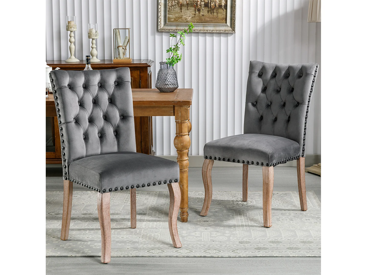 Eetkamerstoelset van 2, gestoffeerde stoel met spijkerkopafwerking, poten van massief hout, fluwelen bekleding, grijs, met deurklopperontwerp