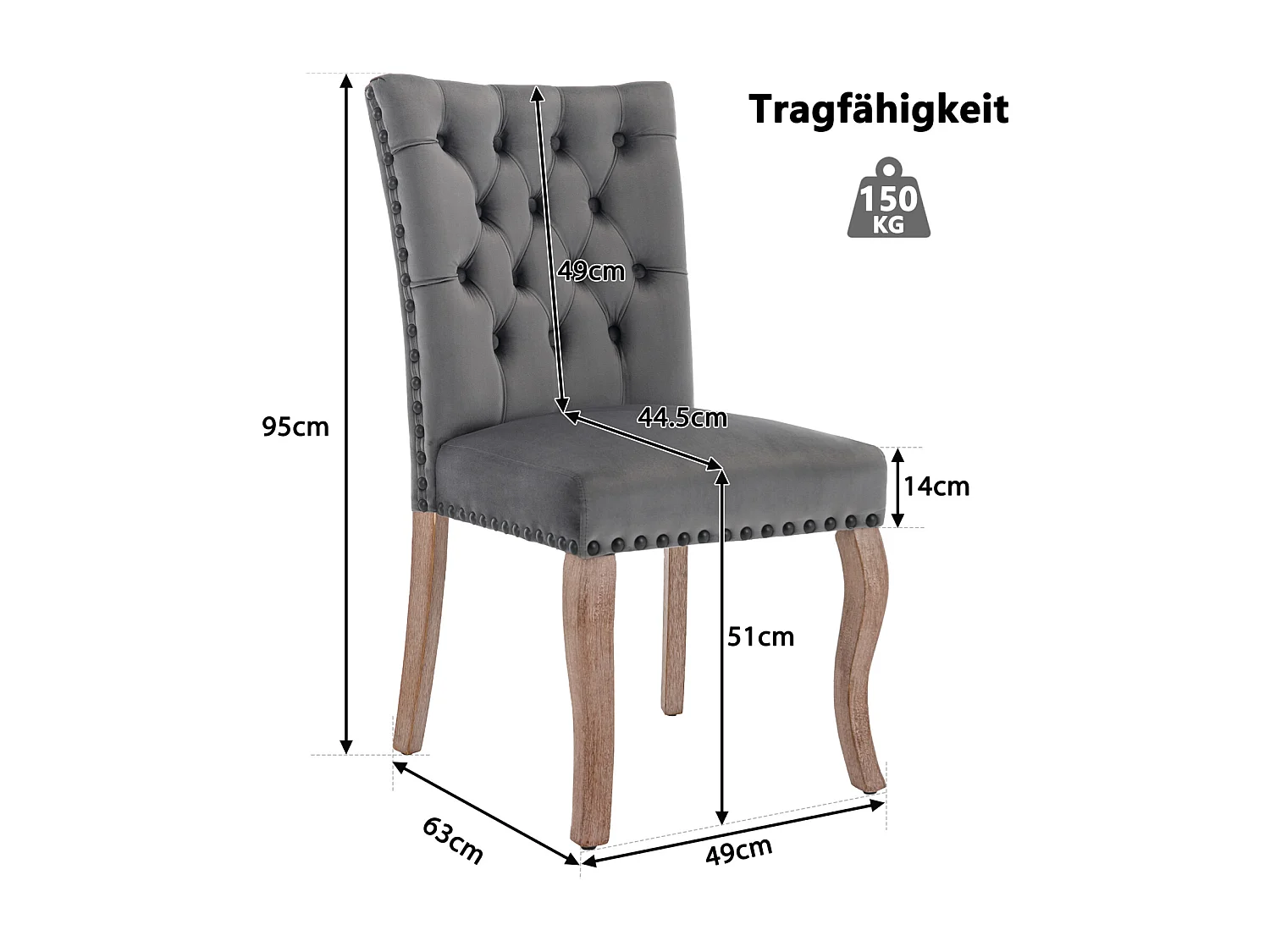 Eetkamerstoelset van 2, gestoffeerde stoel met spijkerkopafwerking, poten van massief hout, fluwelen bekleding, grijs, met deurklopperontwerp