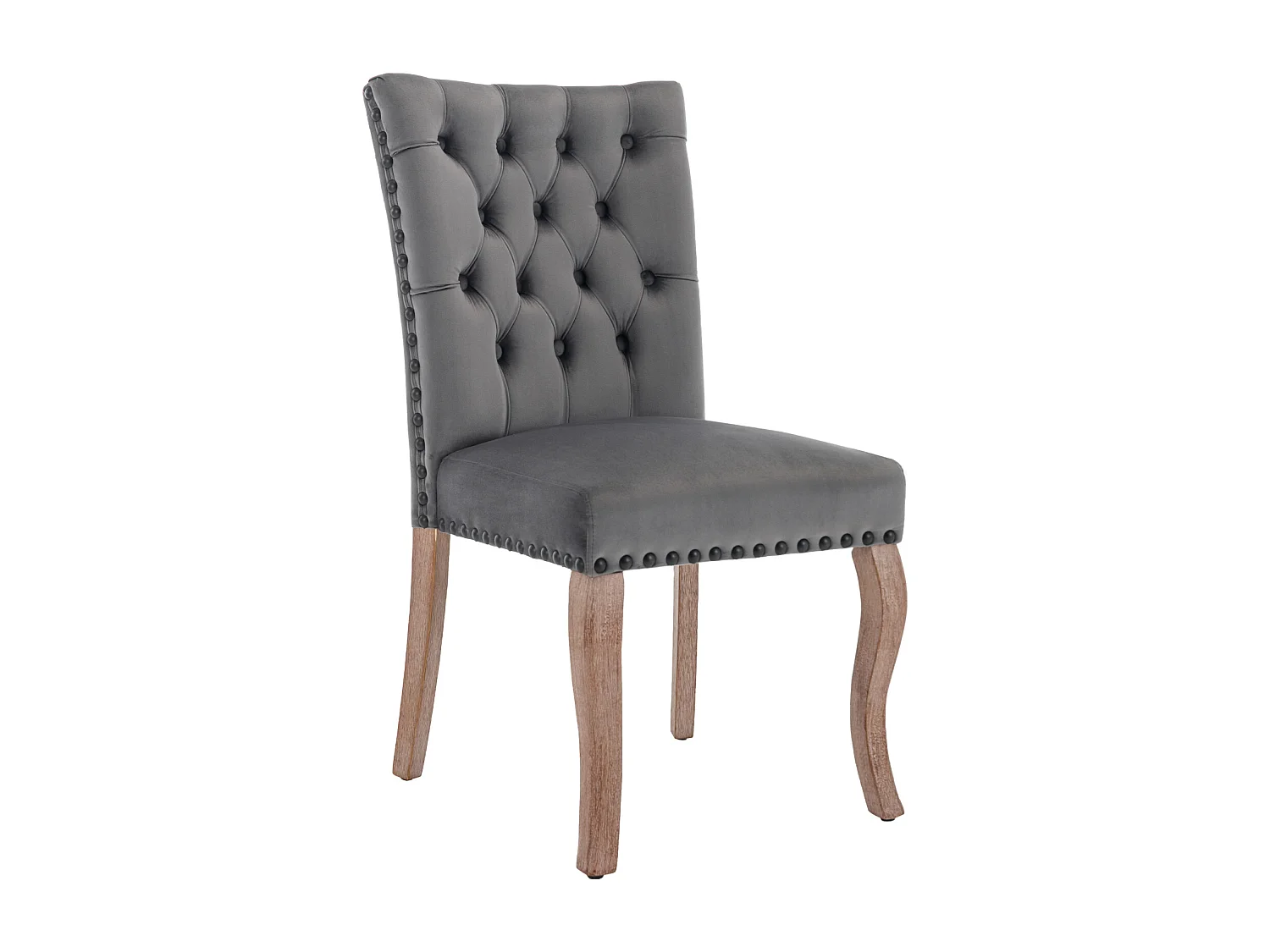 Eetkamerstoelset van 2, gestoffeerde stoel met spijkerkopafwerking, poten van massief hout, fluwelen bekleding, grijs, met deurklopperontwerp