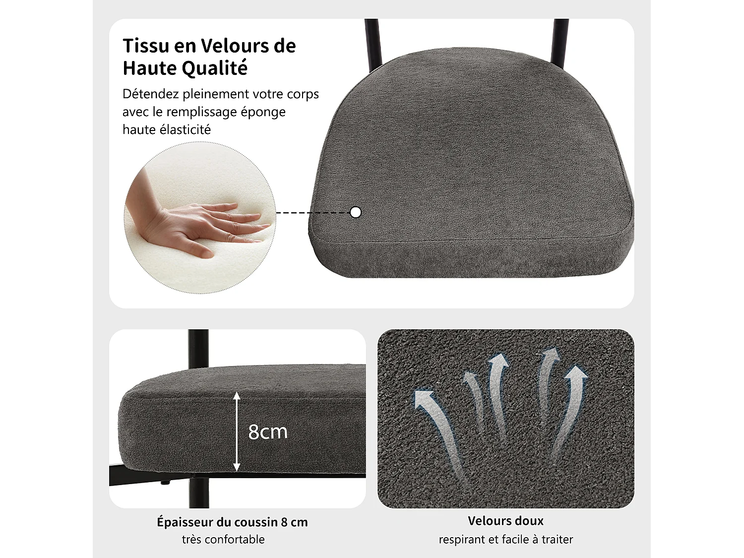 Set di 4 sedie da pranzo, moderne sedie da pranzo in pelle scamosciata, grigio scuro, comode sedute ad anello