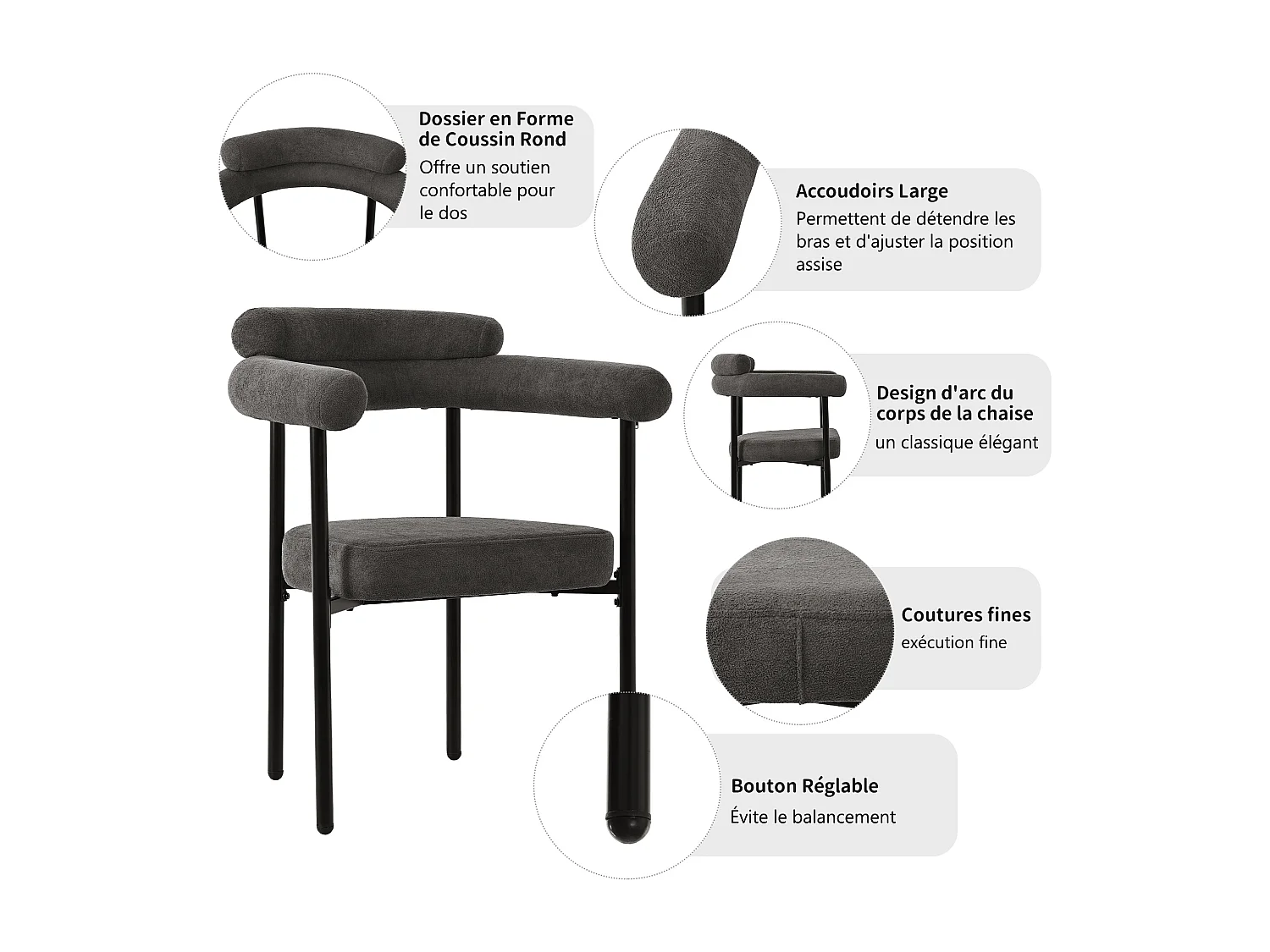 Set di 4 sedie da pranzo, moderne sedie da pranzo in pelle scamosciata, grigio scuro, comode sedute ad anello