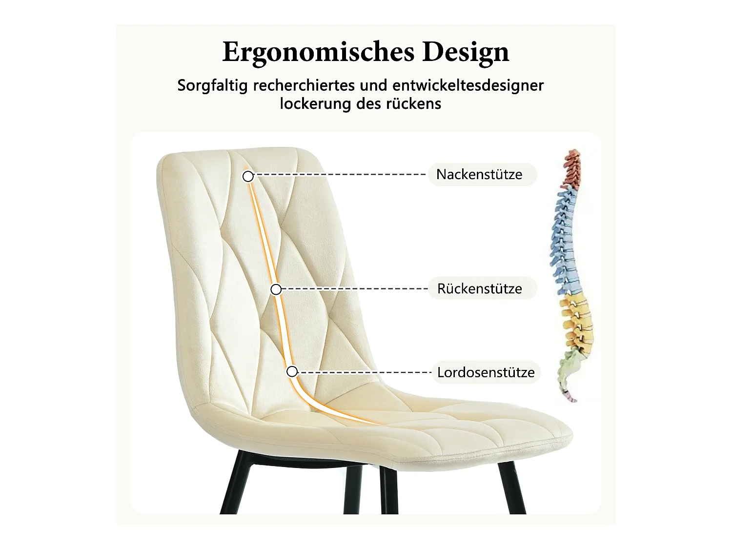 Ensemble de 4 chaises de salle à manger, beige, design de chaise rembourrée, velours sergé, avec dossier, pieds en métal