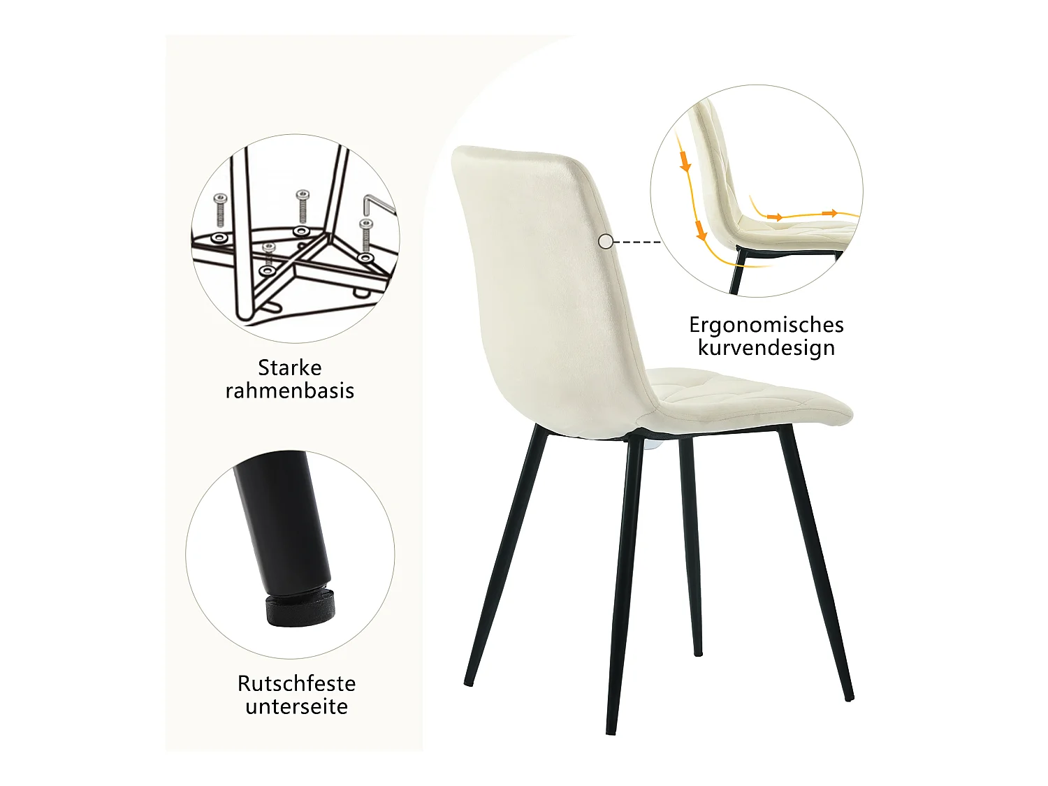 Ensemble de 4 chaises de salle à manger, beige, design de chaise rembourrée, velours sergé, avec dossier, pieds en métal