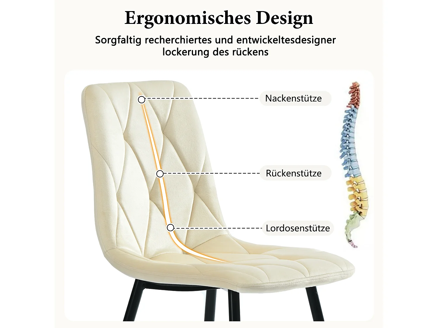 Ensemble de 4 chaises de salle à manger, beige, design de chaise rembourrée, velours sergé, avec dossier, pieds en métal