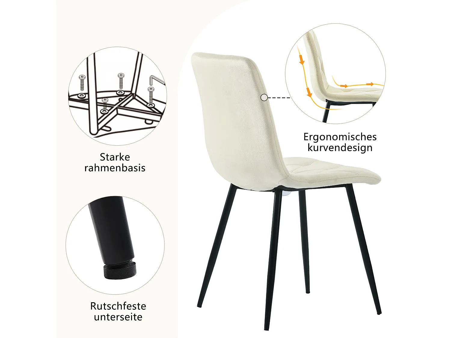 Ensemble de 4 chaises de salle à manger, beige, design de chaise rembourrée, velours sergé, avec dossier, pieds en métal