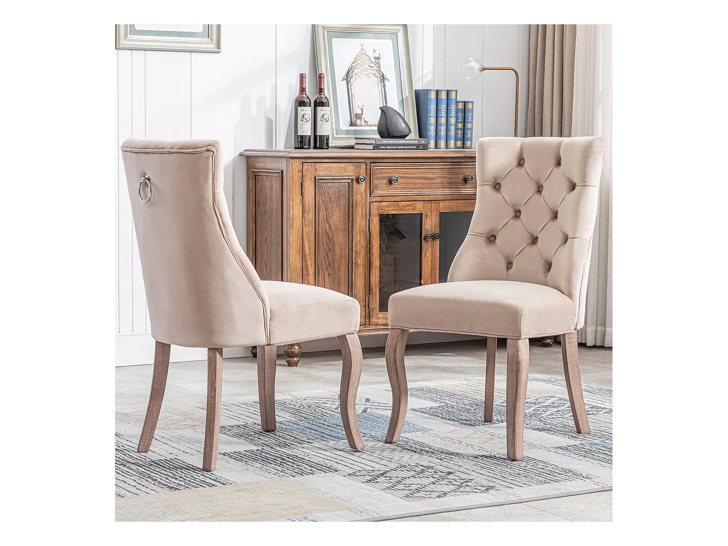 Lot de 2 chaises de salle à manger, velours beige, dossier haut, avec surpiqûres boutonnées, structure en bois massif