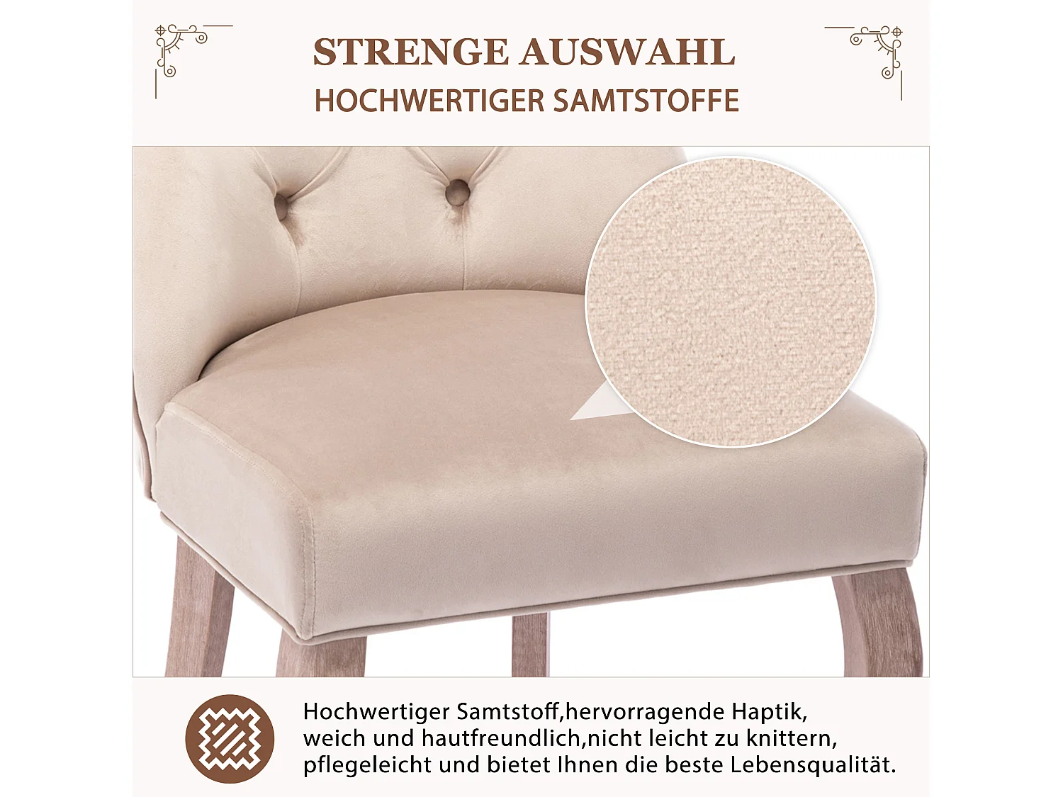 Lot de 2 chaises de salle à manger, velours beige, dossier haut, avec surpiqûres boutonnées, structure en bois massif