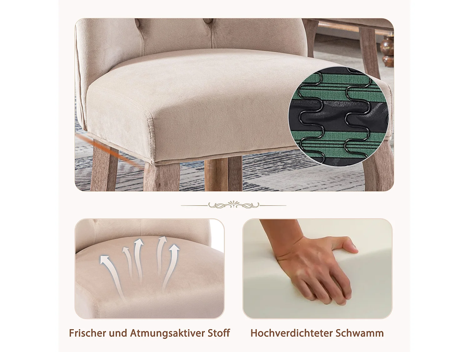 Lot de 2 chaises de salle à manger, velours beige, dossier haut, avec surpiqûres boutonnées, structure en bois massif