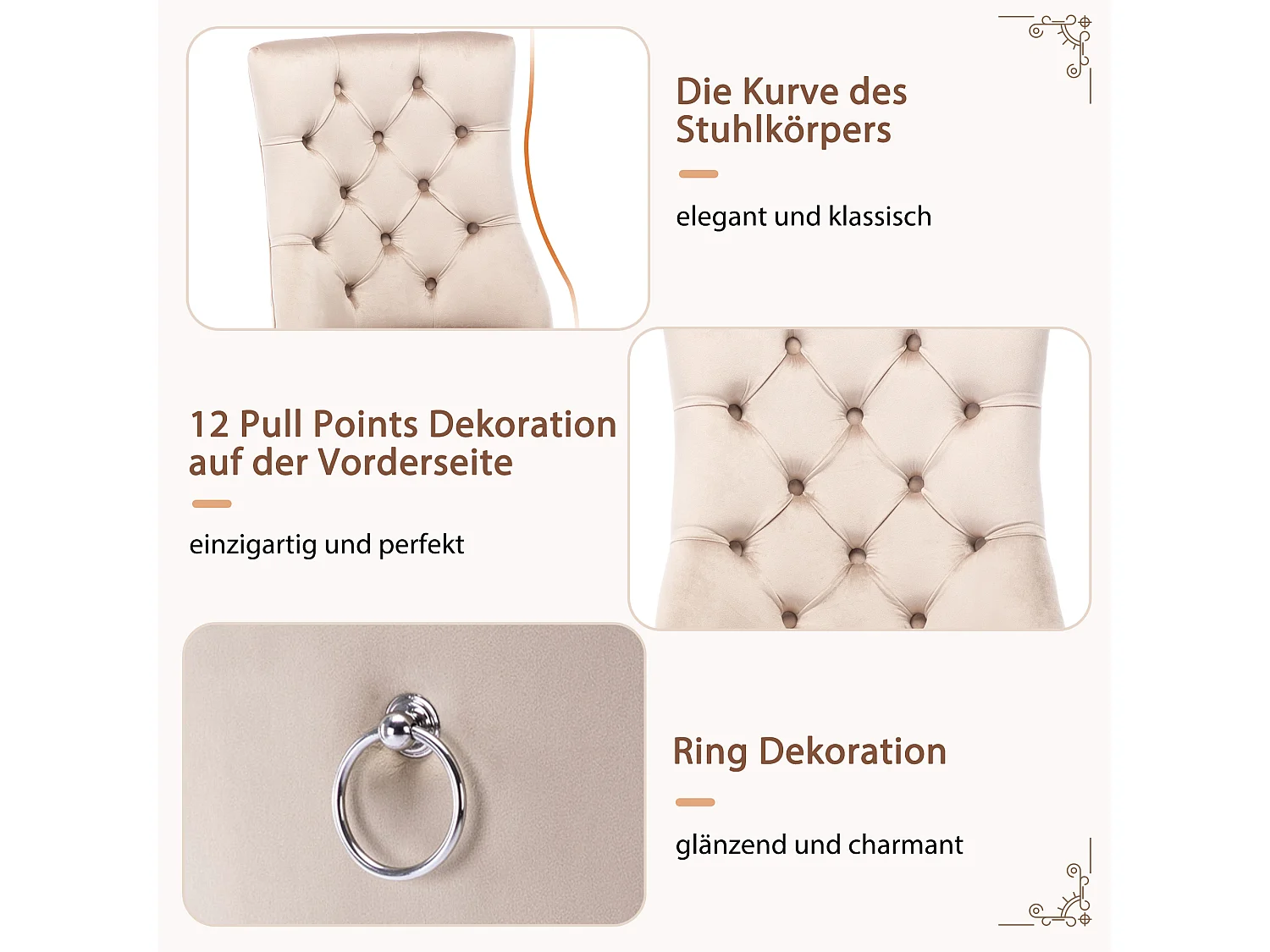 Lot de 2 chaises de salle à manger, velours beige, dossier haut, avec surpiqûres boutonnées, structure en bois massif