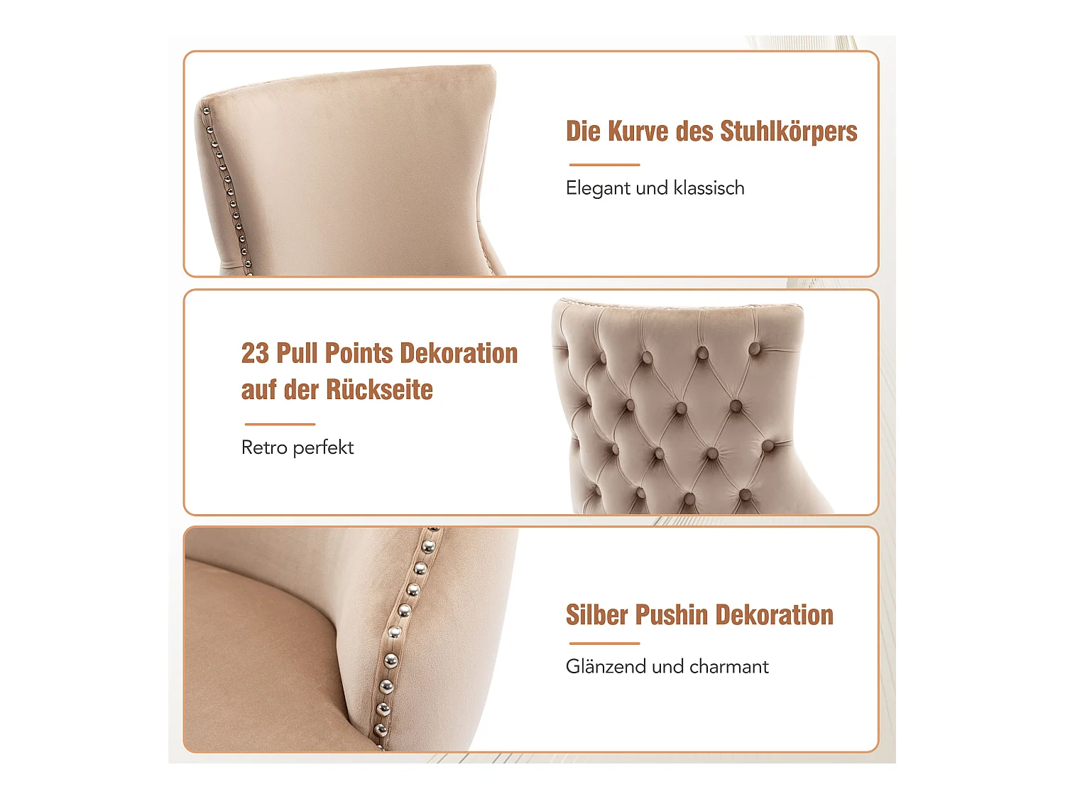 Set di 4 sedie da pranzo in velluto beige con cuciture a bottoni, struttura in legno massello