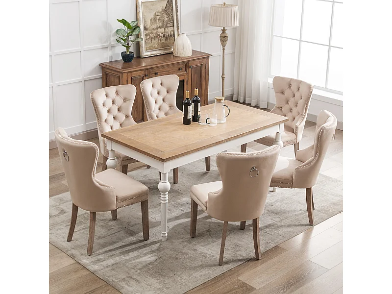 Juego de 6 sillas de comedor, tapizadas con ribete de tachuelas, patas de madera maciza, funda de terciopelo, color beige, con diseño de aldaba.