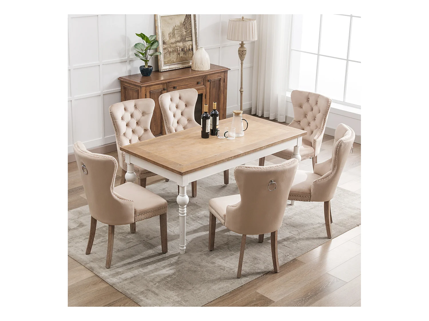 Juego de 6 sillas de comedor, tapizadas con ribete de tachuelas, patas de madera maciza, funda de terciopelo, color beige, con diseño de aldaba.
