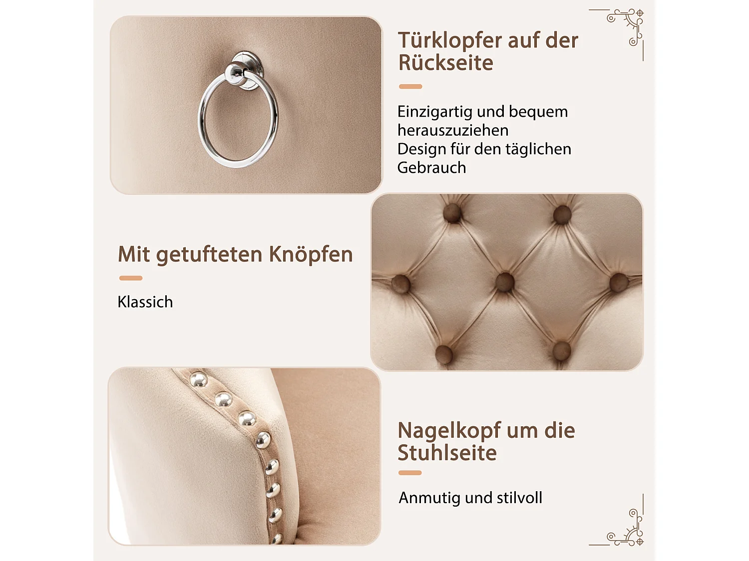 Ensemble de 6 chaises de salle à manger, chaise rembourrée avec garniture cloutée, pieds en bois massif, revêtement en velours, beige, avec motif heurtoir de porte