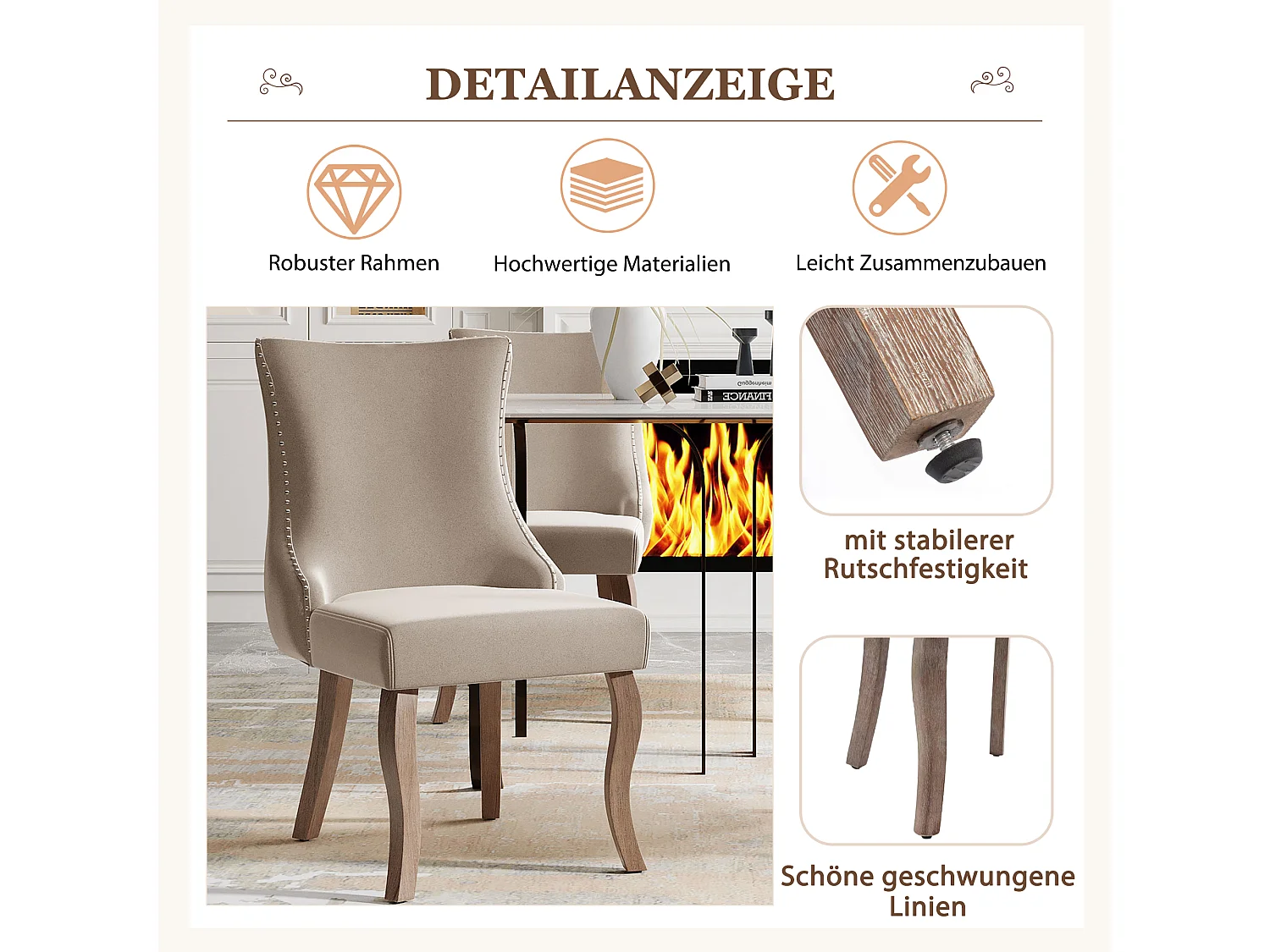 Ensemble de 2 chaises beige velours, dossier à coutures boutonnées et cloutage décoratif. Siège rembourré, pieds courbés en bois massif. Élégance intemporelle.