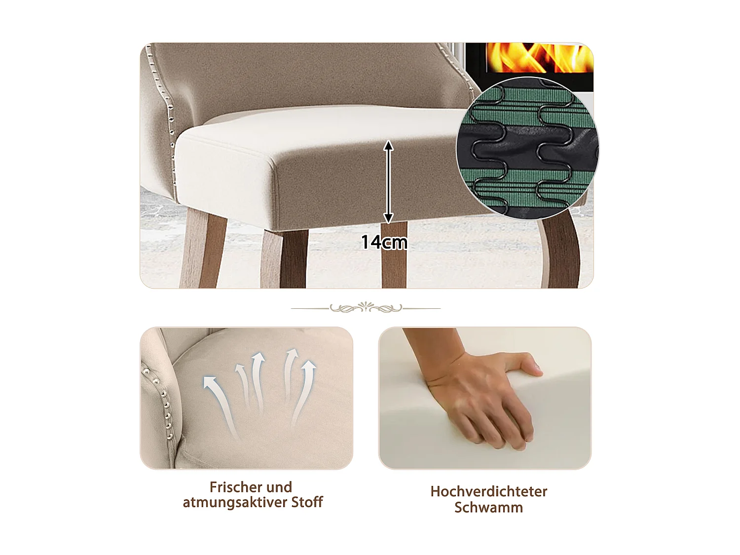 Ensemble de 2 chaises beige velours, dossier à coutures boutonnées et cloutage décoratif. Siège rembourré, pieds courbés en bois massif. Élégance intemporelle.