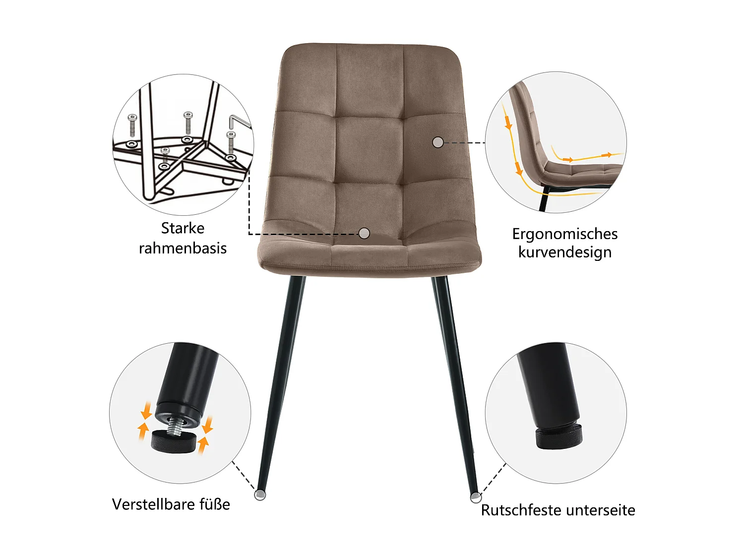 Ensemble de 4 chaises de salle à manger, marron, design de chaise rembourrée avec dossier, velours, structure en métal